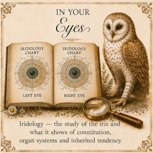 In Your Eyes — Iridology — the study of the iris and what it shows of constitution, organ systems and inherited tendency.