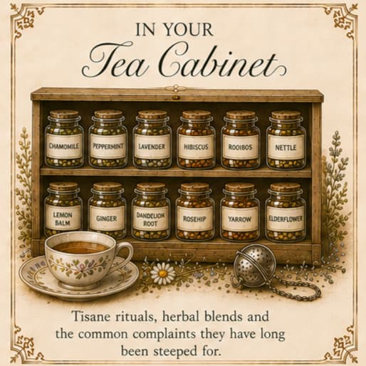 In Your Tea Cabinet — Tisane rituals, herbal blends and the common complaints they have long been steeped for.