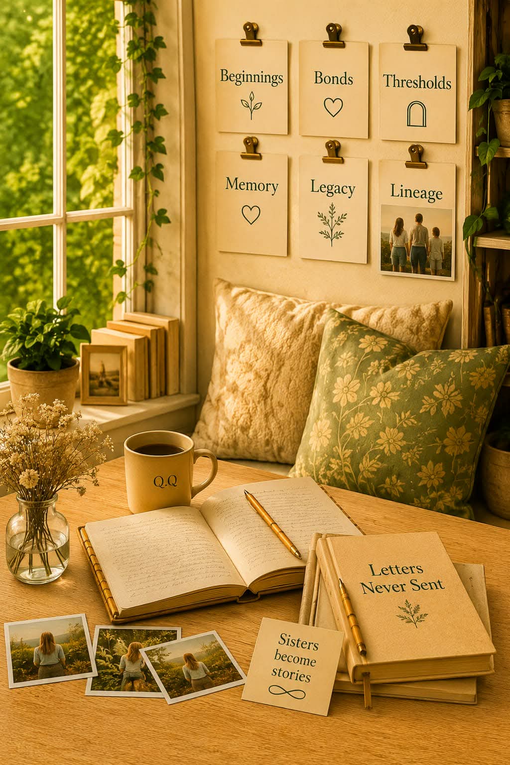 Life Journey Wing — a sunlit writing nook with journals, photographs and pinned notes