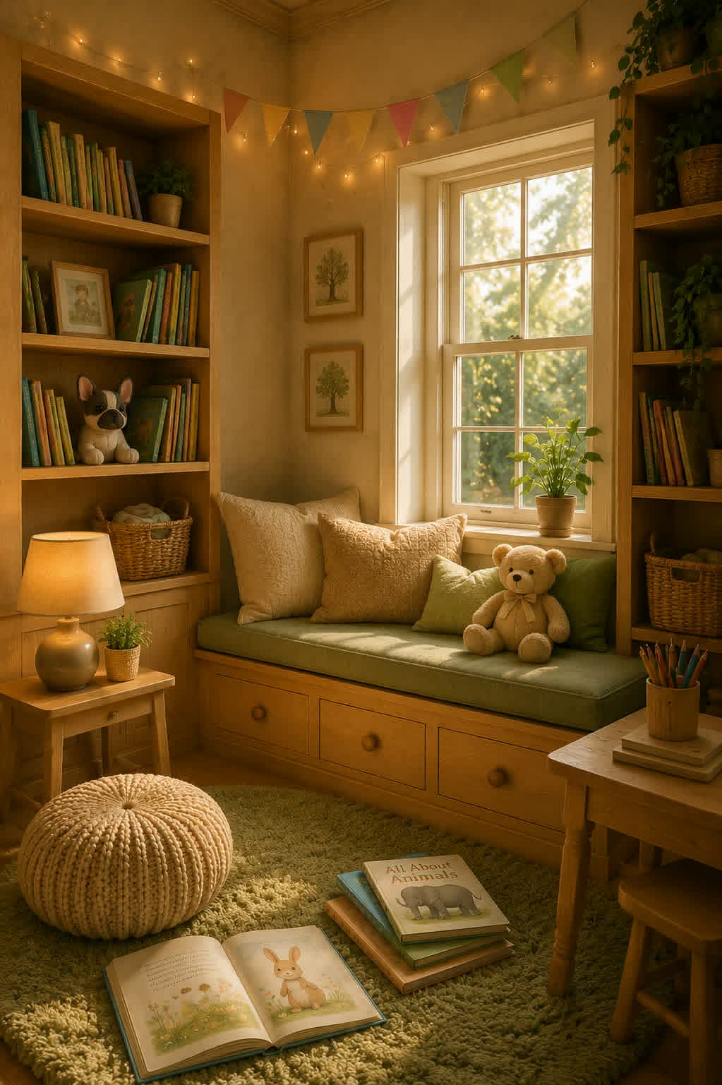 Little Library Wing — a child's reading nook with picture books, teddy bears and fairy lights