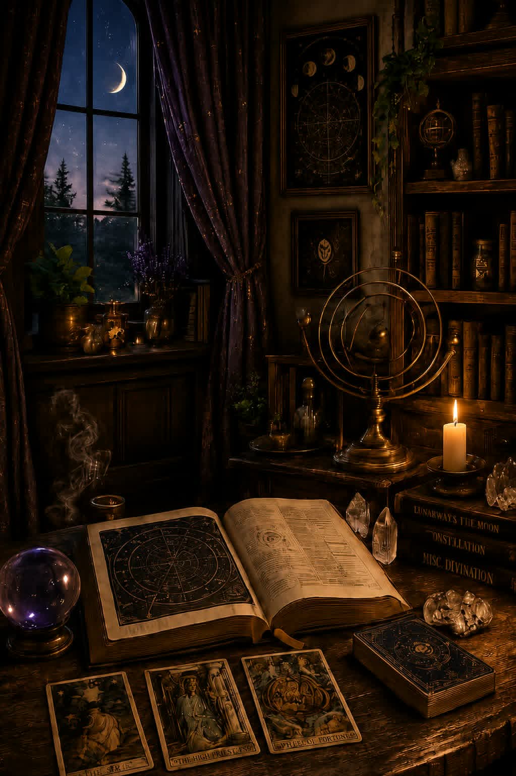Metaphysical Wing — candlelit study with tarot cards, orrery, and ancient books