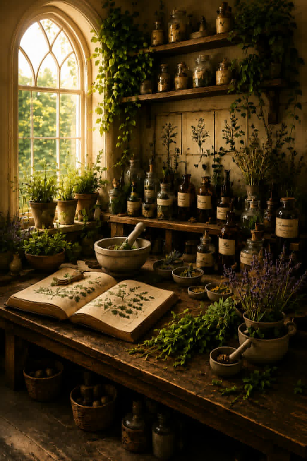 Natural Healing Wing — herbal apothecary with mortar, pestle, dried plants and tinctures