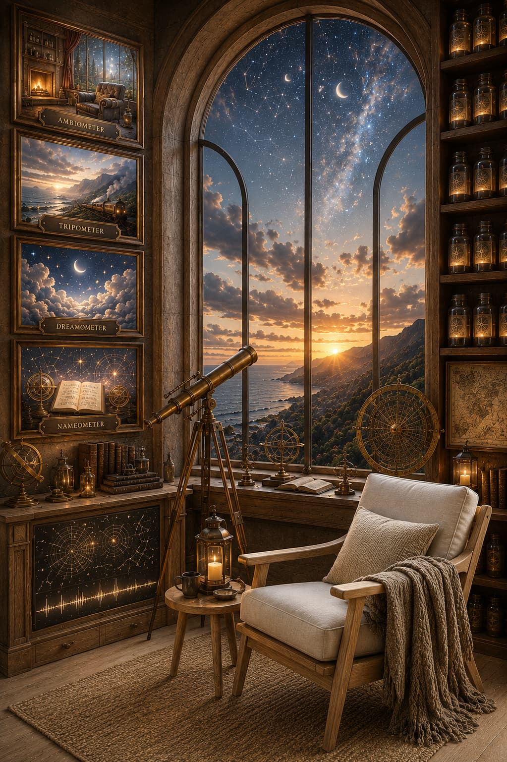 Observatory Wing — a softly-lit observatory hall with four arched brass instruments, a compass rose inlaid in the floor, tall windows and warm lamplight