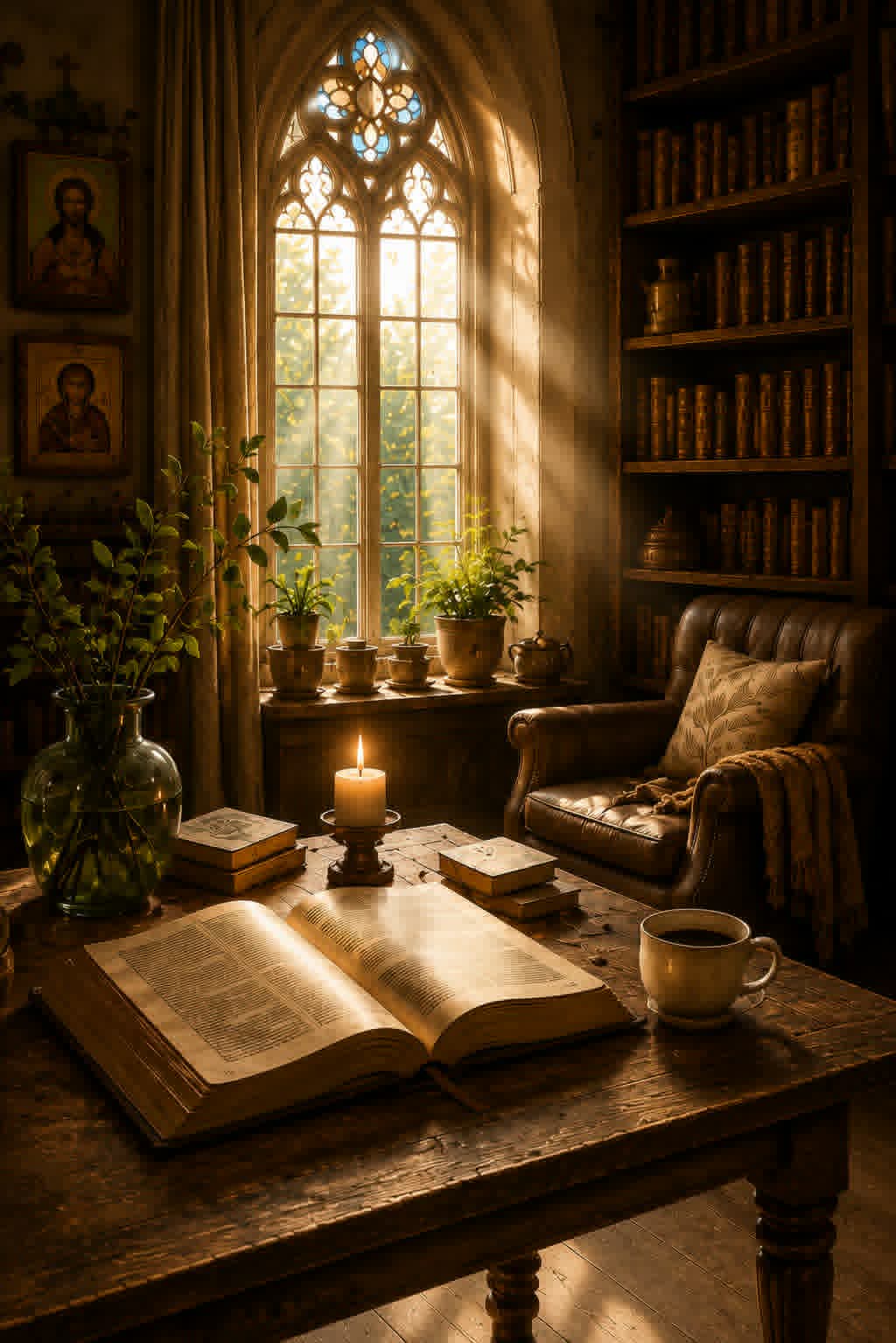 Sacred Wisdom Wing — open scripture beside candle, stained glass window and icons